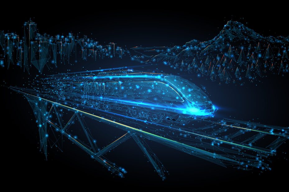3d low poly illustration of moving high-speed train on rail bridge. Transport, travelling, logistics, tourism concept isolated in black. Abstract vector mesh with lines, dots and blue particles