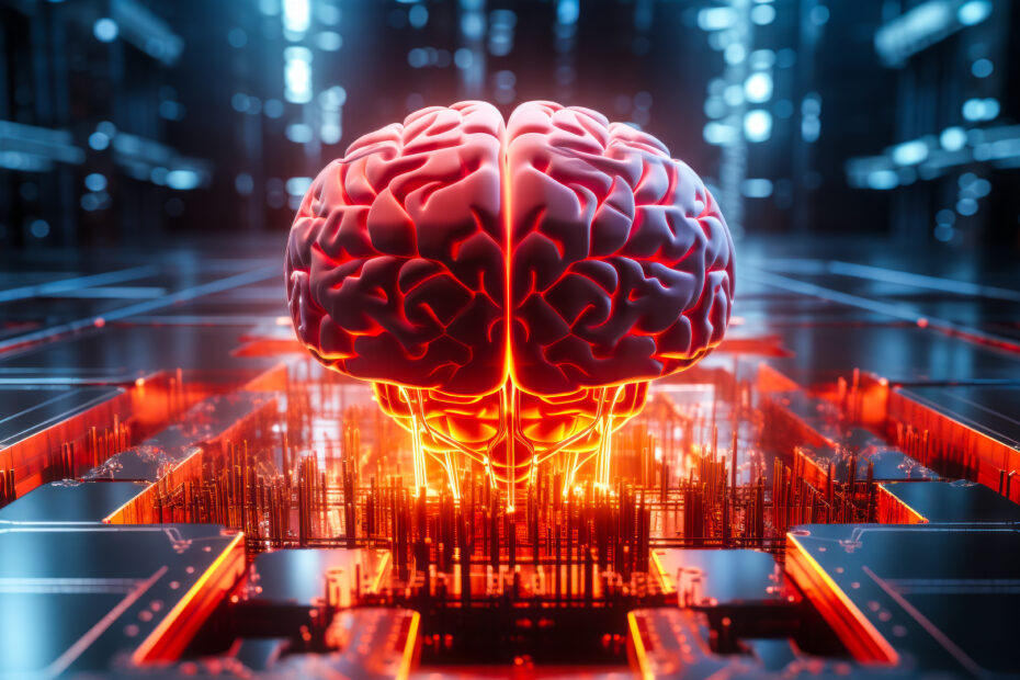Red illuminated artificial intelligence brain in a futuristic data center symbolizing advanced AI risks, superintelligence threat, and potential future scenarios of overpowering AGI