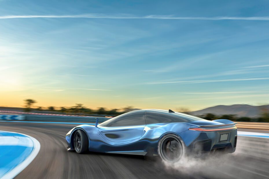 A blue electric sports car moving at high speed around the corner of a racetrack. The vehicle is drifting around the corner, with smoke coming from its spinning rear tires. The racetrack is in a remote location with distant hills. It is sunset/sunrise under a blue sky.