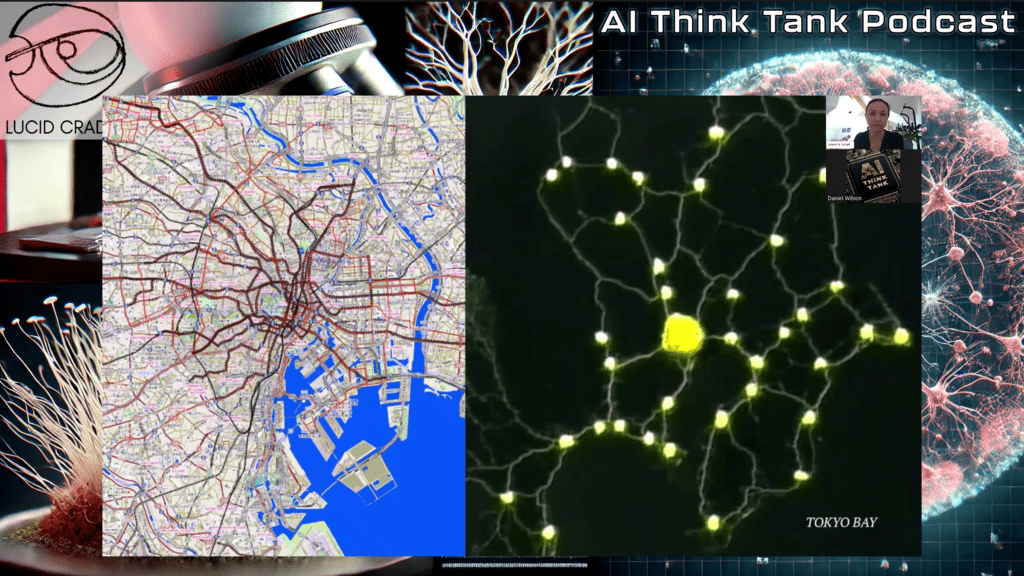 Slime mold connecting nutrient sources representing nodes along the Tokyo subway system.