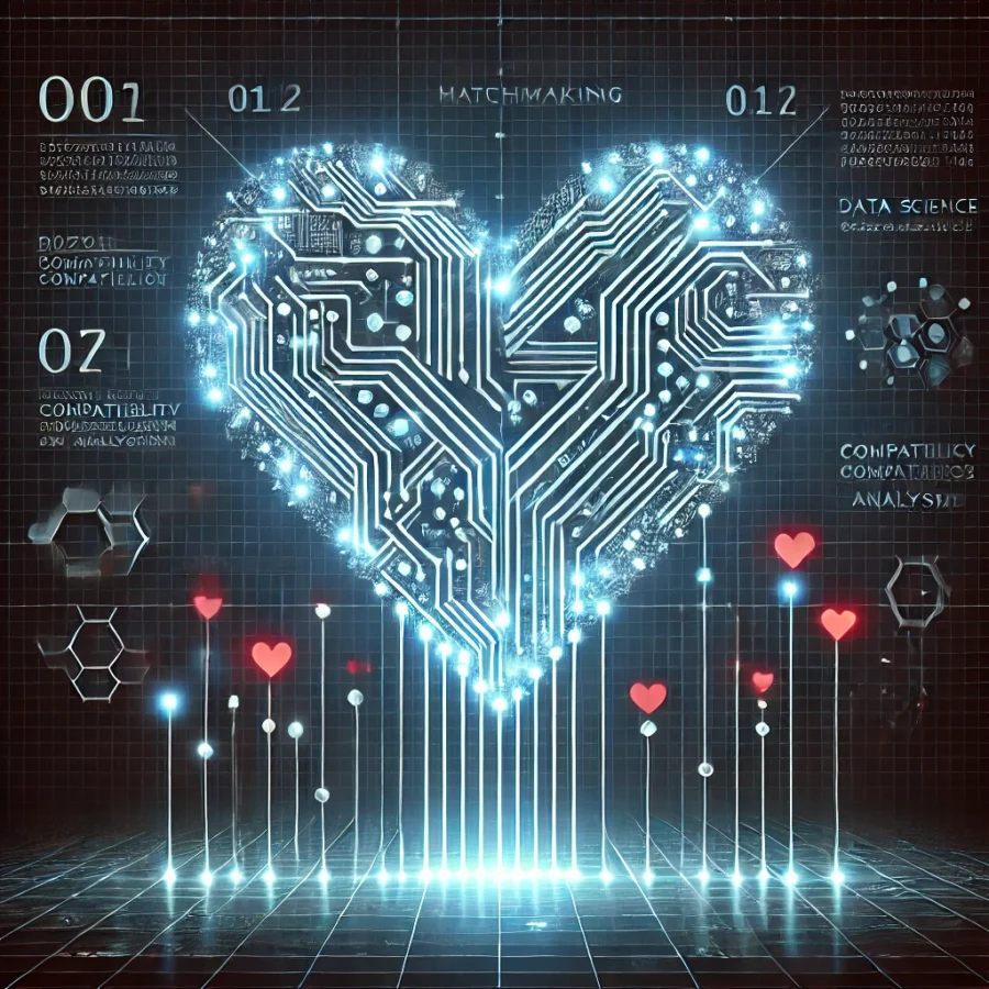 DALL·E 2024-10-27 22.05.55 – An image representing digital matchmaking for an article publication. A futuristic digital heart composed of data points, circuits, and binary code, g