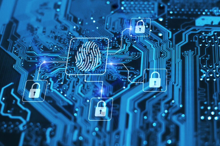 Fingerprint login authorization and cyber security concept. Blue integrated circuit with locks on background.