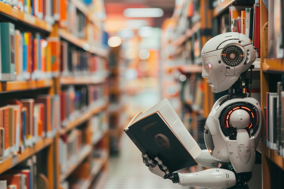 A humanoid robot is focused on reading a book in a library setting – visual for AI training models and concepts