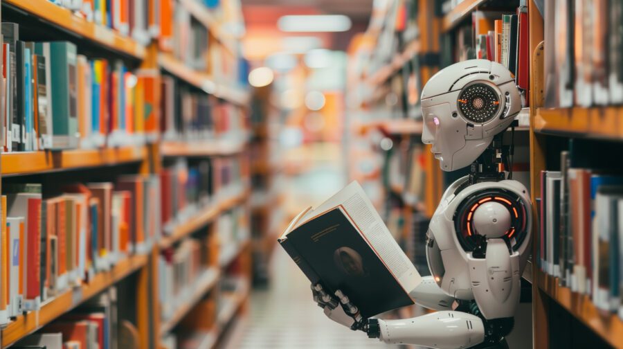 A humanoid robot is focused on reading a book in a library setting – visual for AI training models and concepts