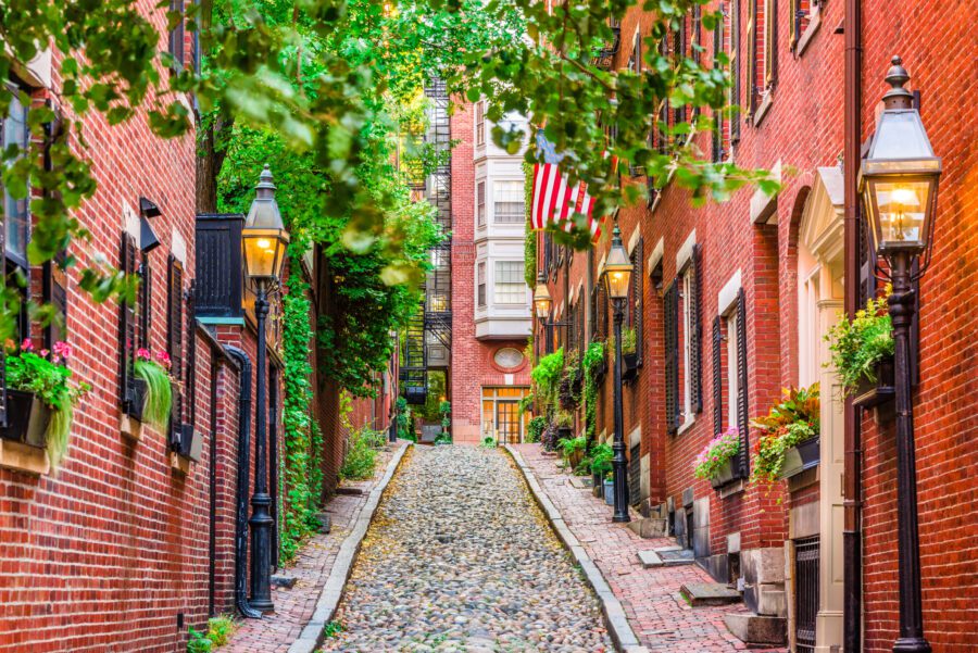 Street view of a real street in Boston, Massachusetts, USA.