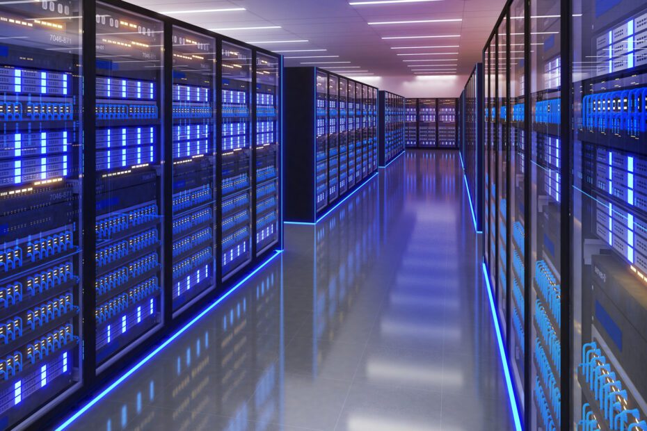 Shot of Data Center With Multiple Rows of Fully Operational Server Racks.